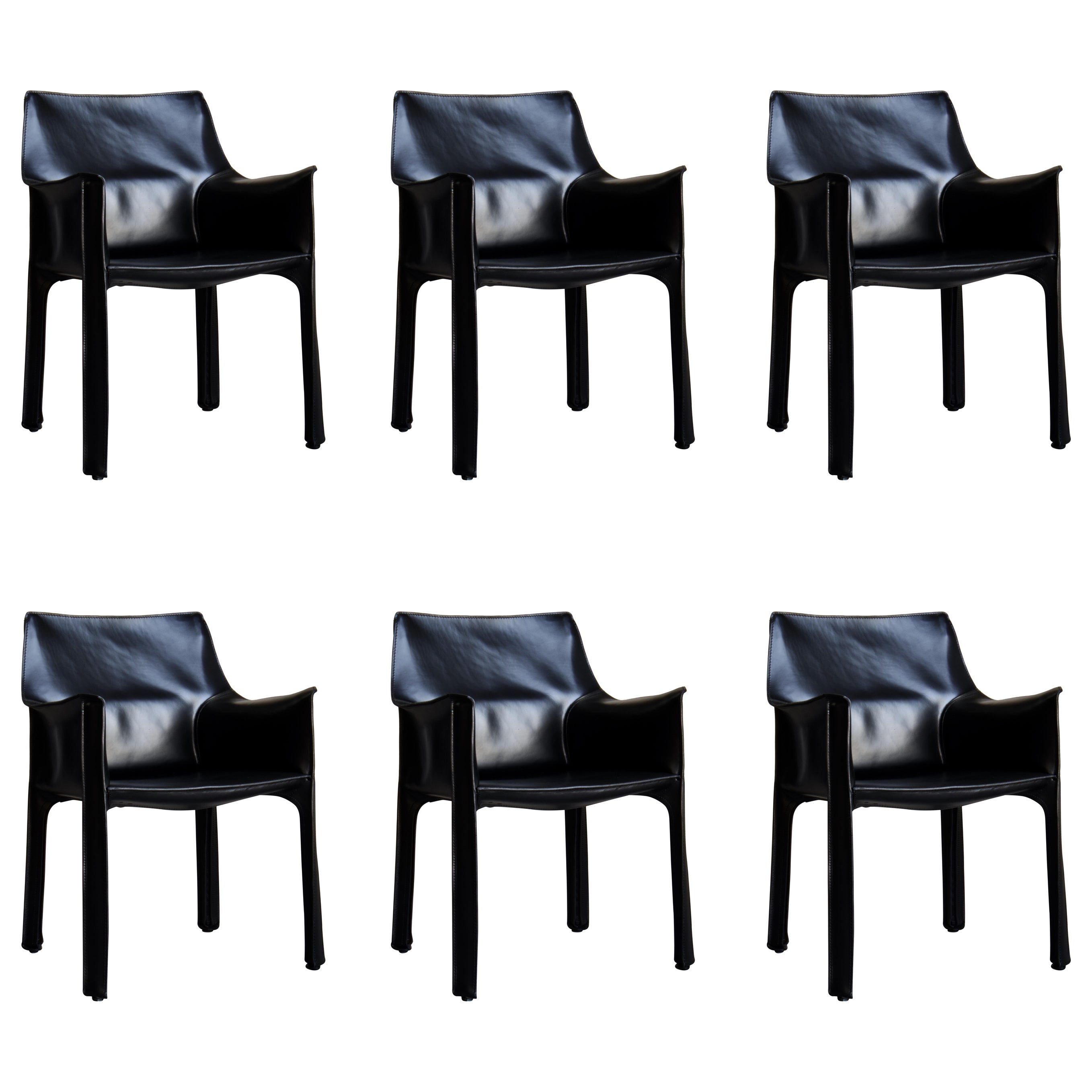 6 Mario Bellini CAB 413 Armchairs in Black Leather for Cassina, 1980s Italy For Sale