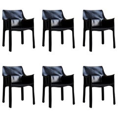 Vintage 6 Mario Bellini CAB 413 Armchairs in Black Leather for Cassina, 1980s Italy