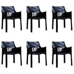 6 Sillones CAB 413 de Mario Bellini en cuero negro para Cassina, años 80 Italia