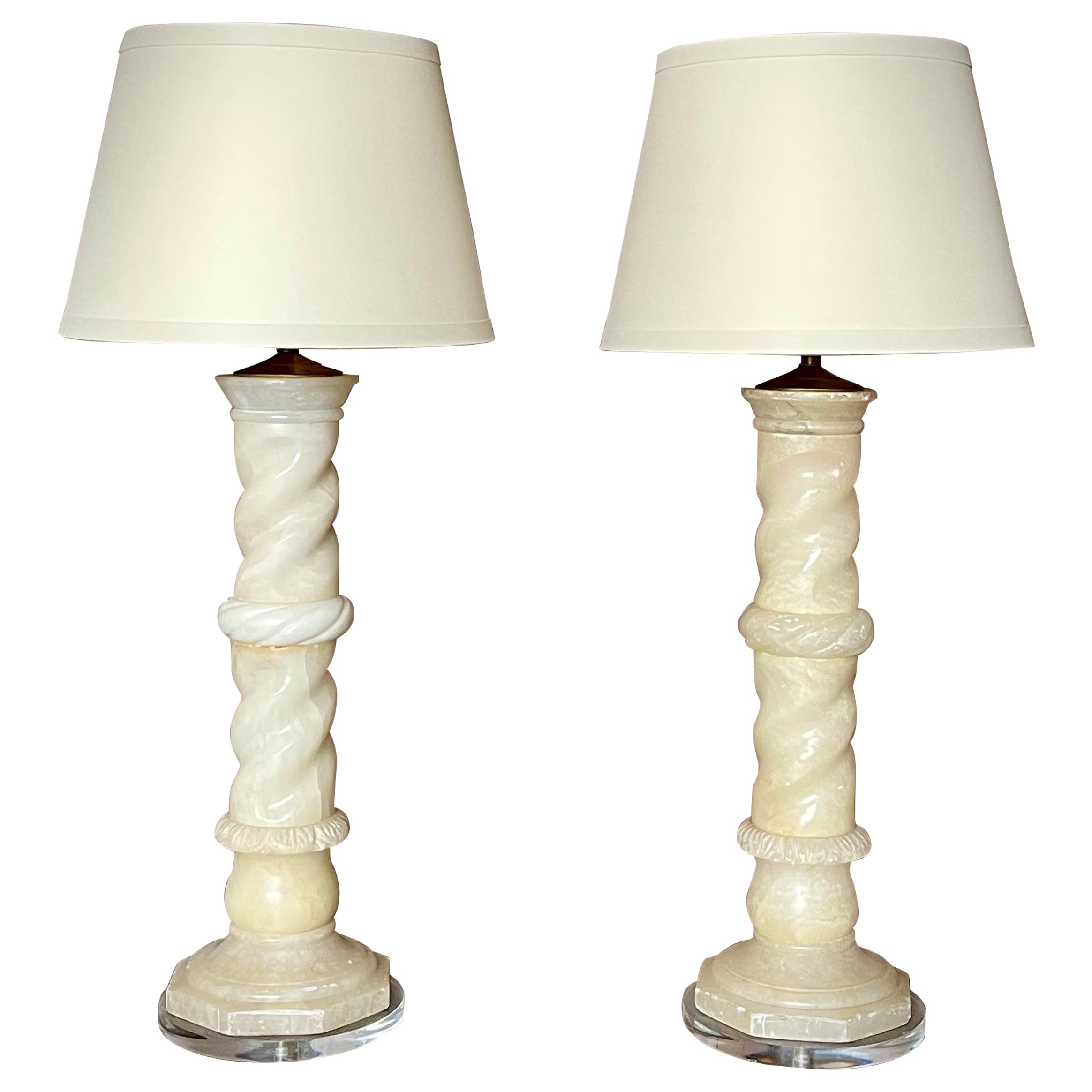 Pair Antique Italian Architectural Alabaster Lamps, Lucite Bases, Spiral Carved