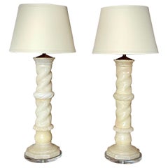 Pair Antique Italian Architectural Alabaster Lamps, Lucite Bases, Spiral Carved