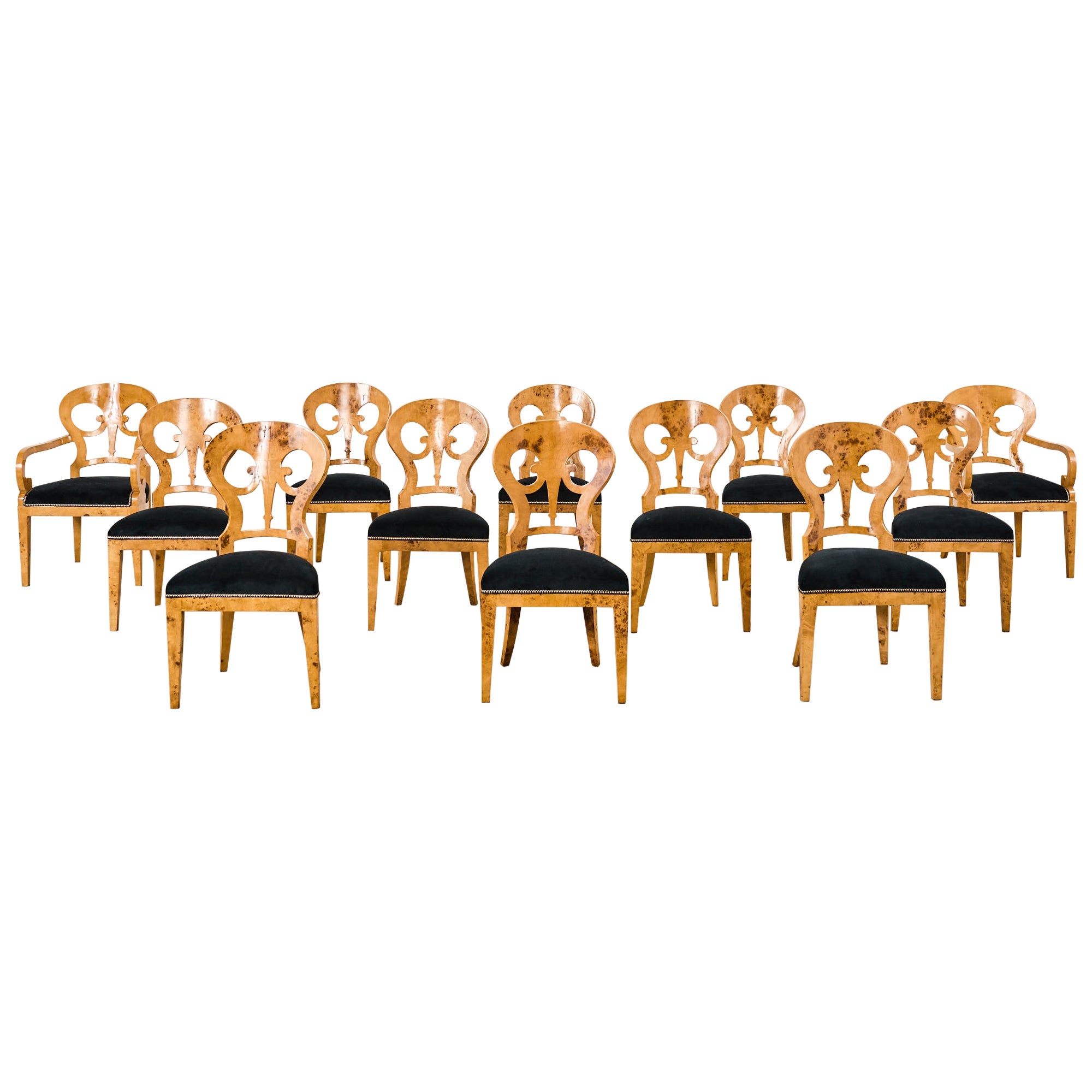 Set of Twelve Viennese Biedermeier Style Burl Maple Dining Chairs  For Sale