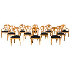 Vintage Set of Twelve Viennese Biedermeier Style Burl Maple Dining Chairs 
