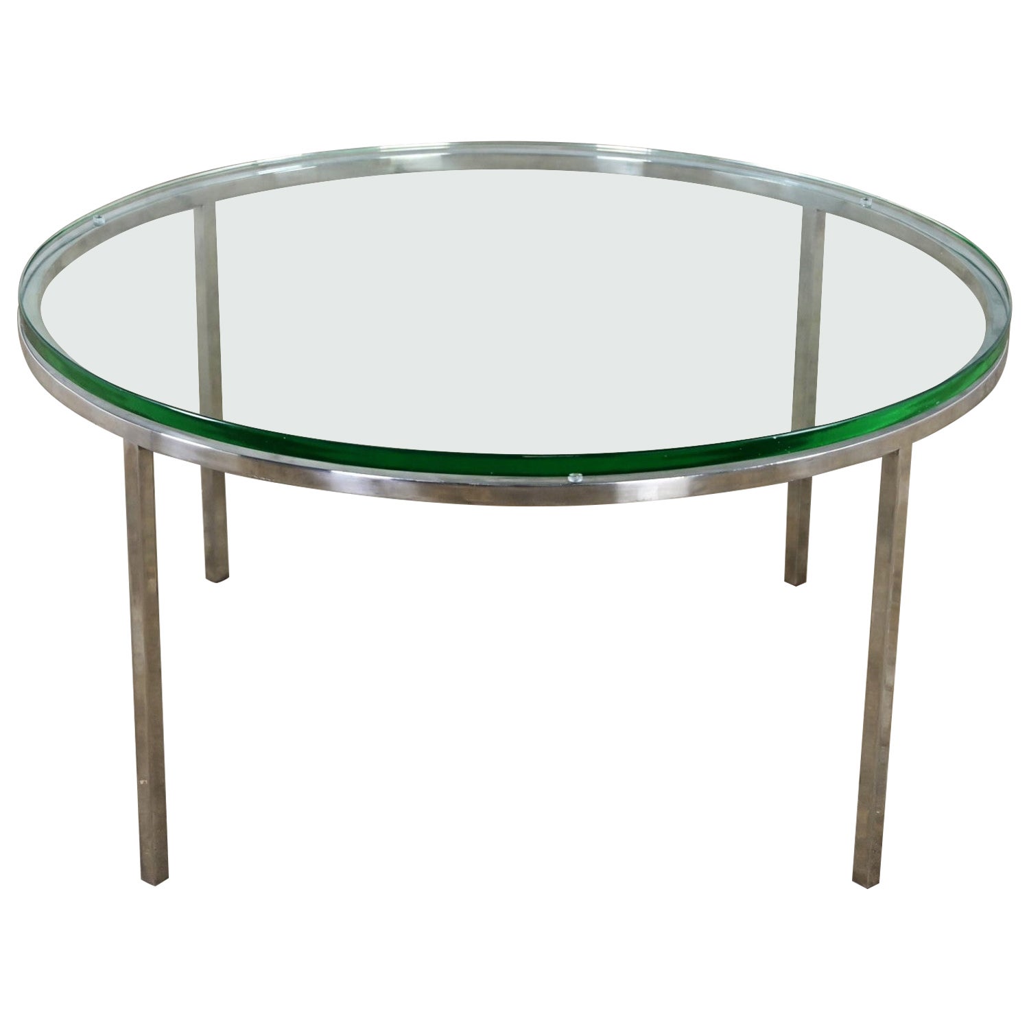 Table basse ou grande table d'appoint moderne en chrome et verre rond de style MCM 