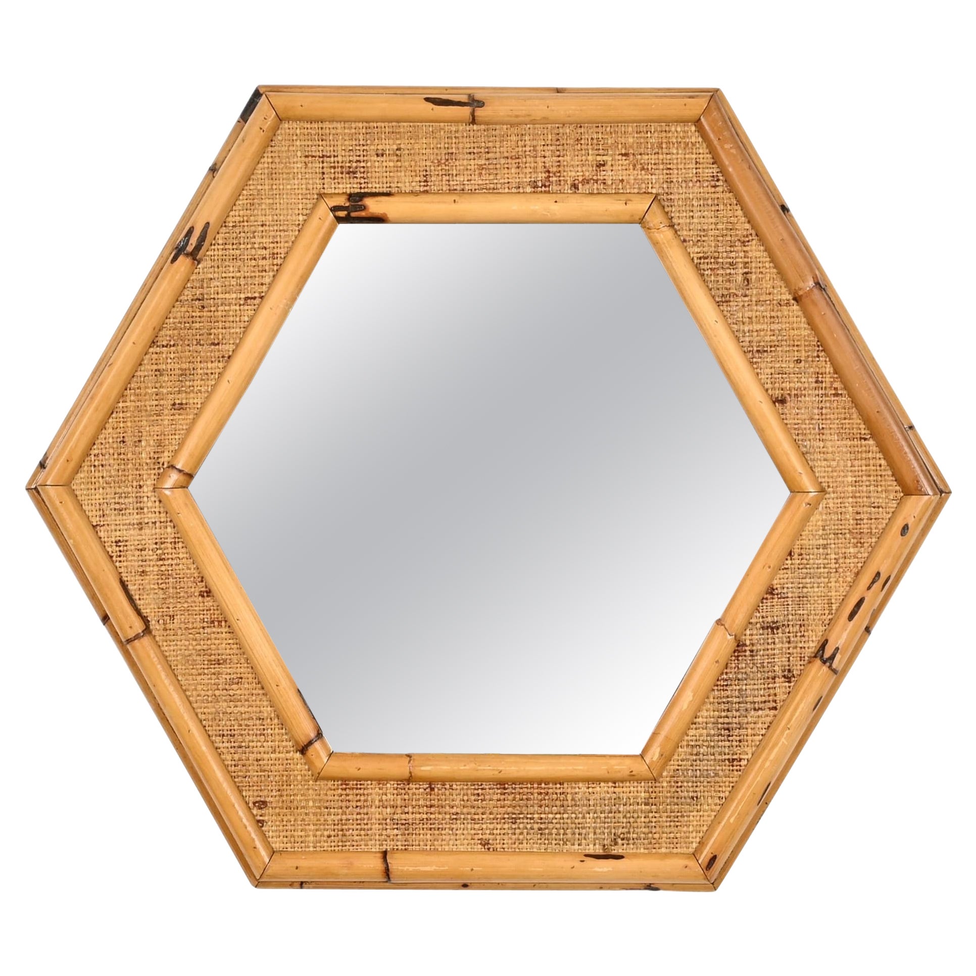 Mid-Century Italian Hexagonal Mirror in Rattam and Bamboo, Italy 1970s For Sale