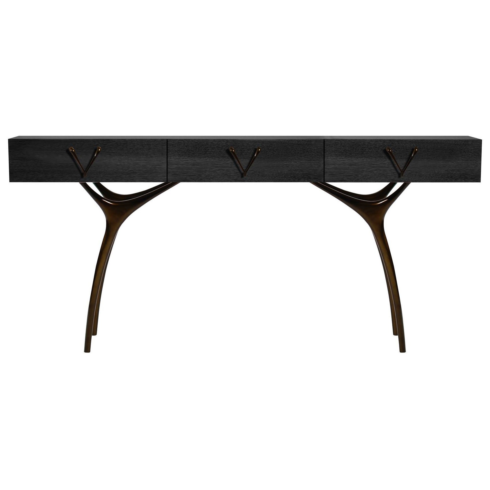 Crescent Console Table in Blackout Oak and Bronze For Sale