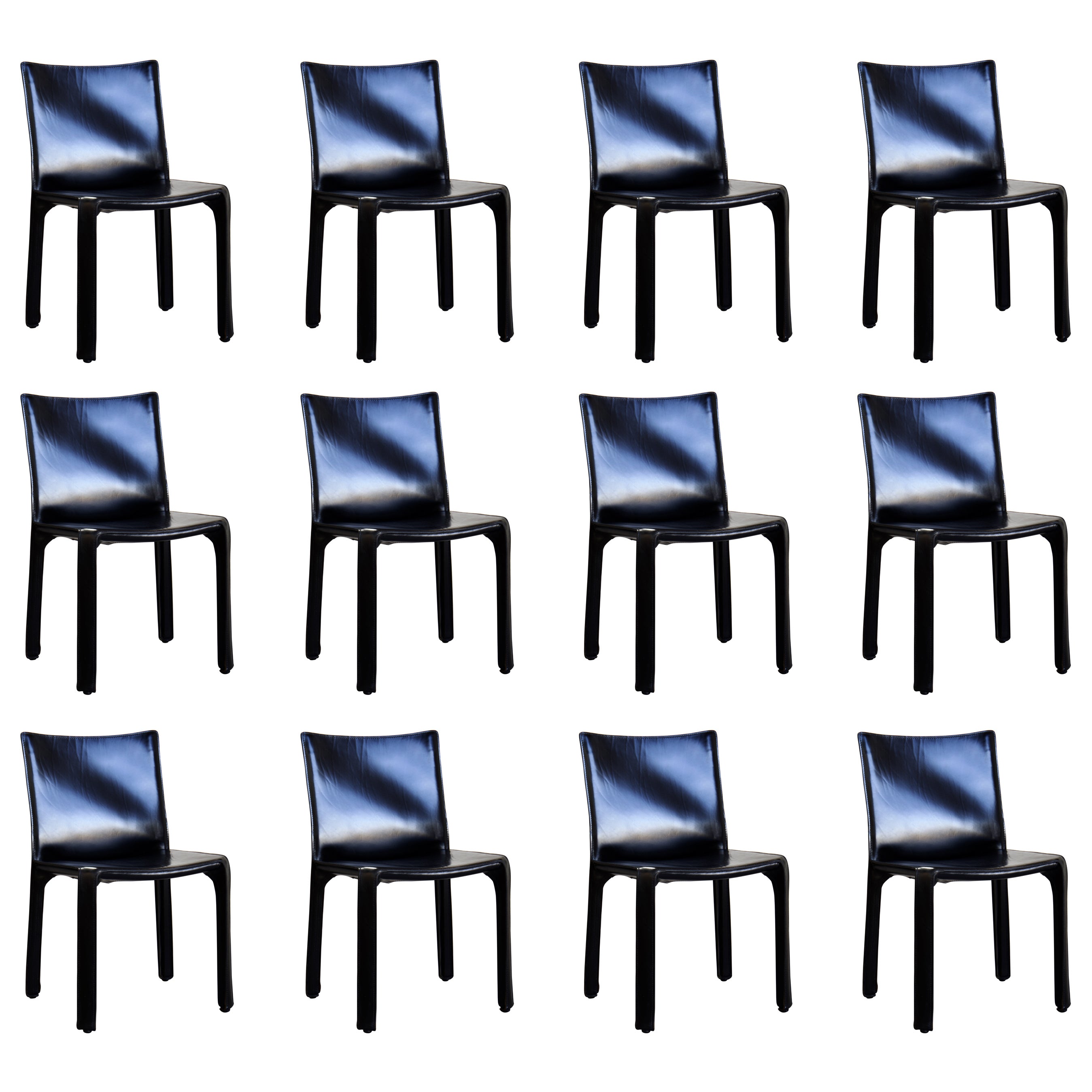 12 Mario Bellini CAB 412 Chairs in Black Saddle Leather for Cassina For Sale