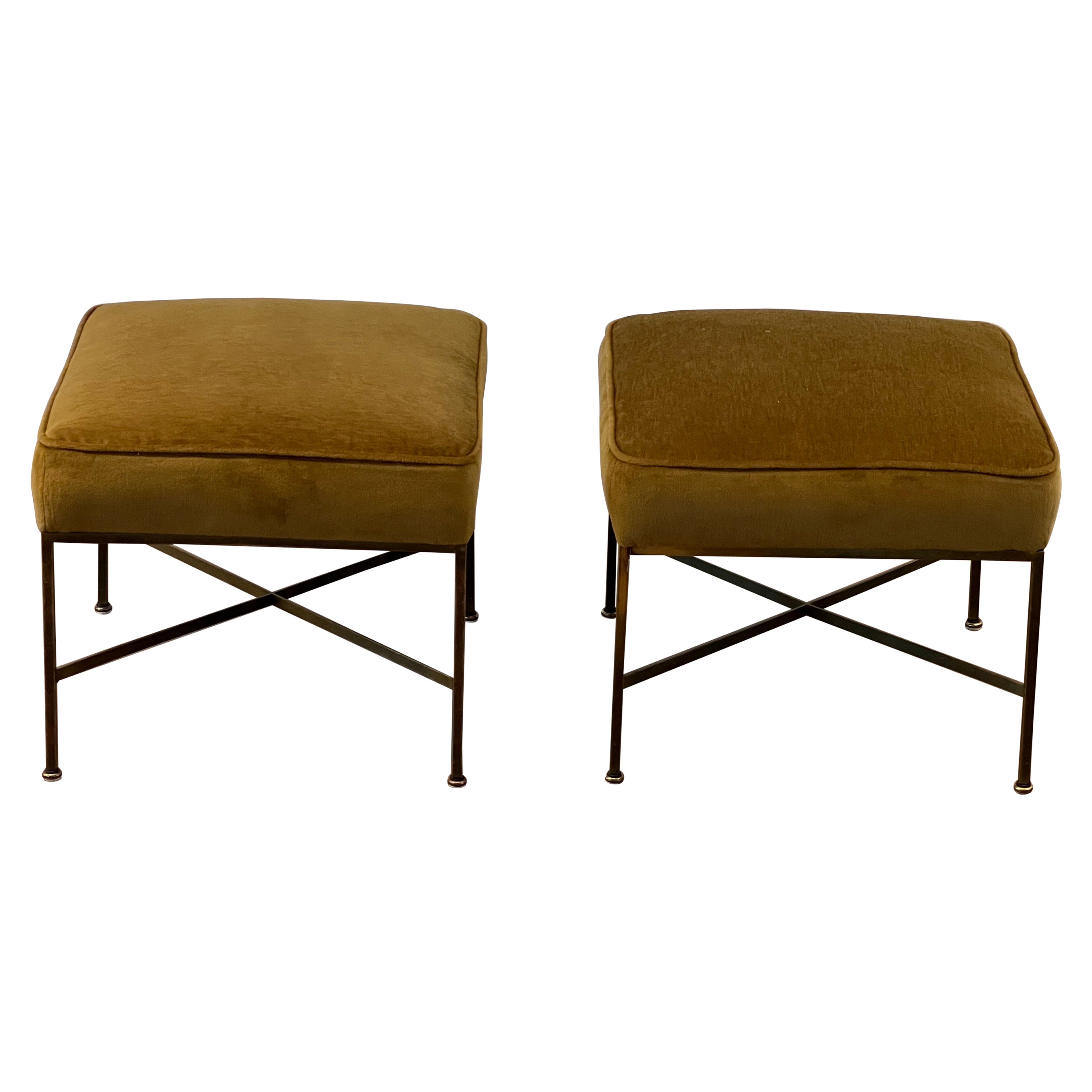 Pair of Brass Paul McCobb Ottomans In Mohair  For Sale