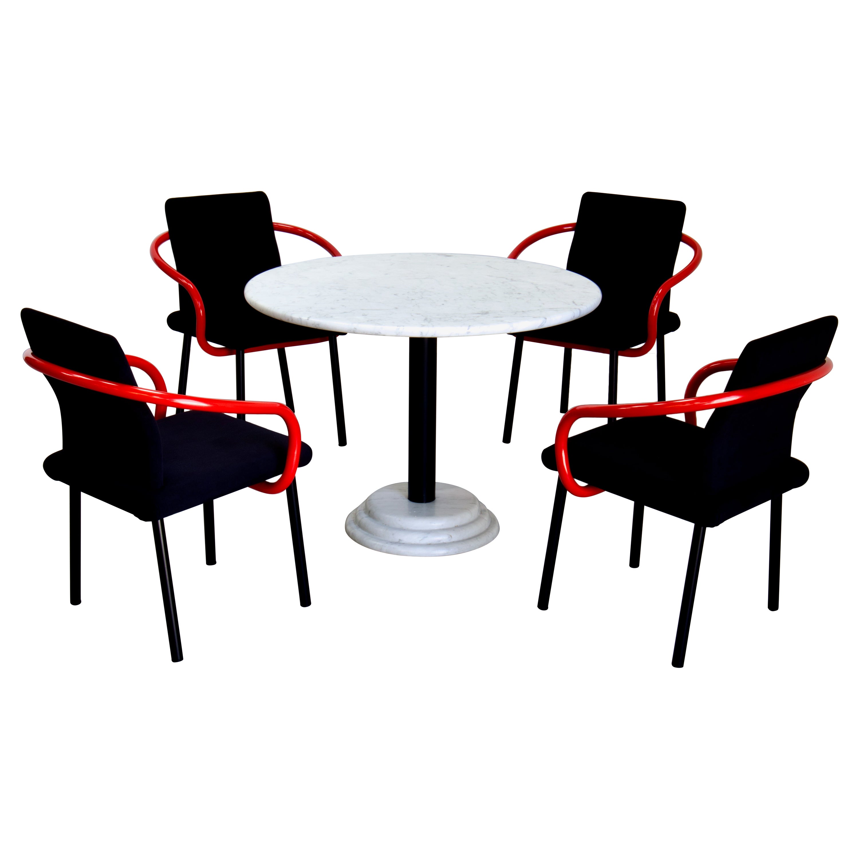 Ettore Sottsass Mandarin Dining Set in Carrara Marble, Red & Black, 1986 Italy For Sale