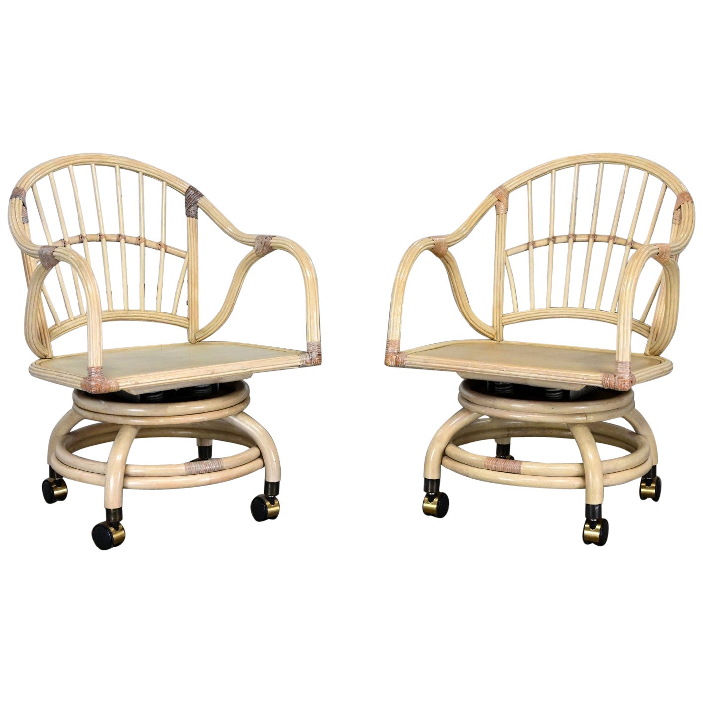 Coastal Island Style Cerused Reeded Rattan Rolling & Swivel Chairs a Pair For Sale