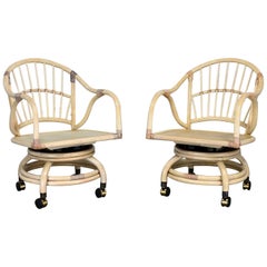 Vintage Coastal Island Style Cerused Reeded Rattan Rolling & Swivel Chairs a Pair