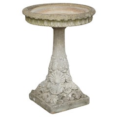 Large English Vintage Bird Bath on Column Base with Seashell Decorations to Base