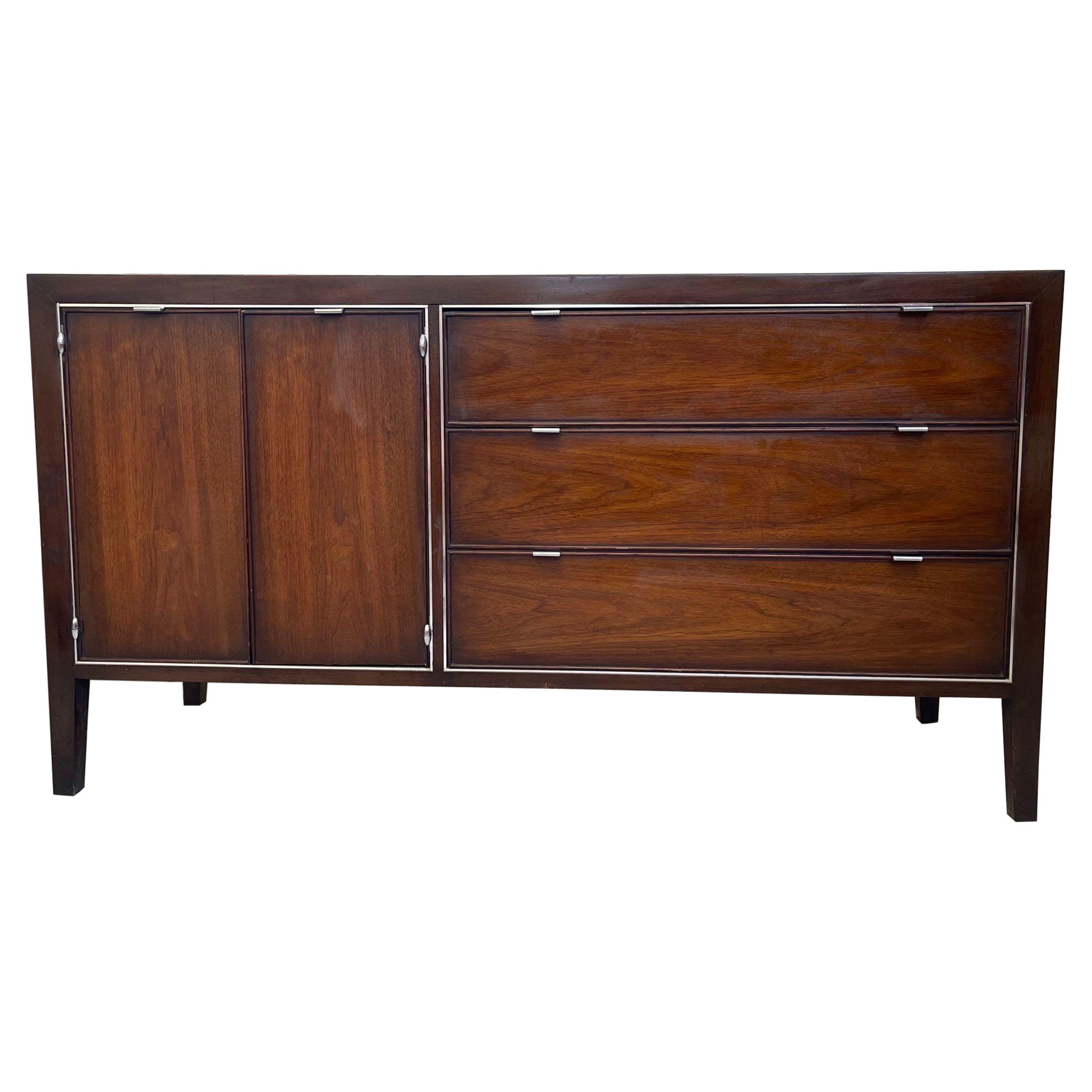 Vintage Mid Century Modern Drexel Credenza Cabinet With Chrome Toned Hardware. For Sale