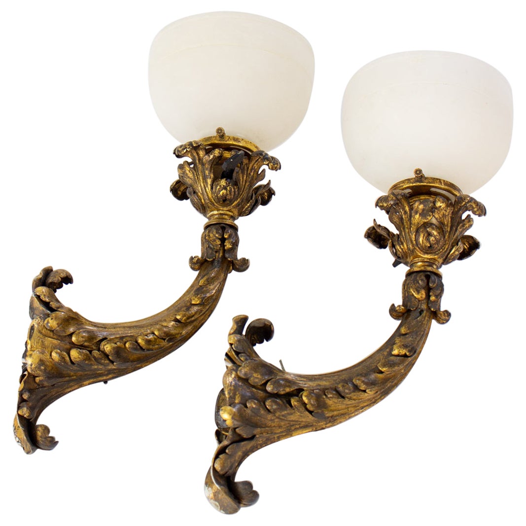 Early 20th Century E.F.Caldwell Gilt Leafy Sconces with Alabaster Shade - a Pair For Sale