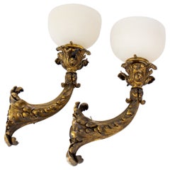 Vintage Early 20th Century E.F.Caldwell Gilt Leafy Sconces with Alabaster Shade - a Pair
