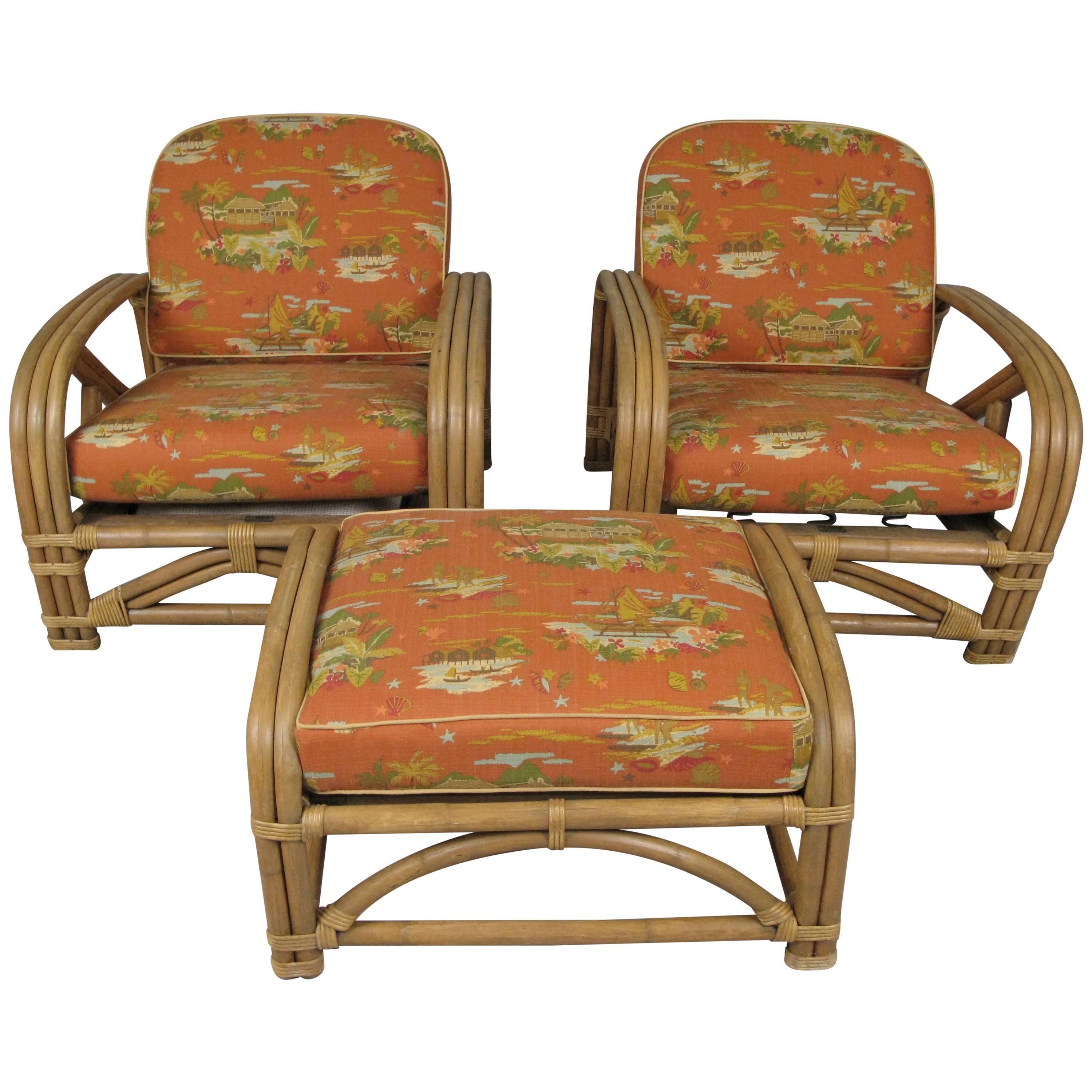 Pair of Vintage Rattan Lounge Chairs and Ottoman by Ritts Company