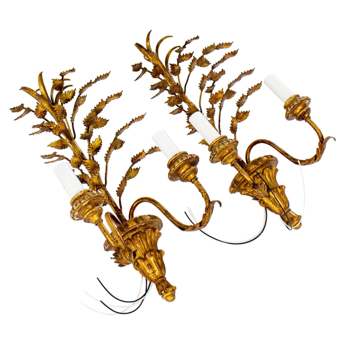 Mid 20th Century Italian Gilt Wood and Metal Leaf Sconces - a Pair For Sale