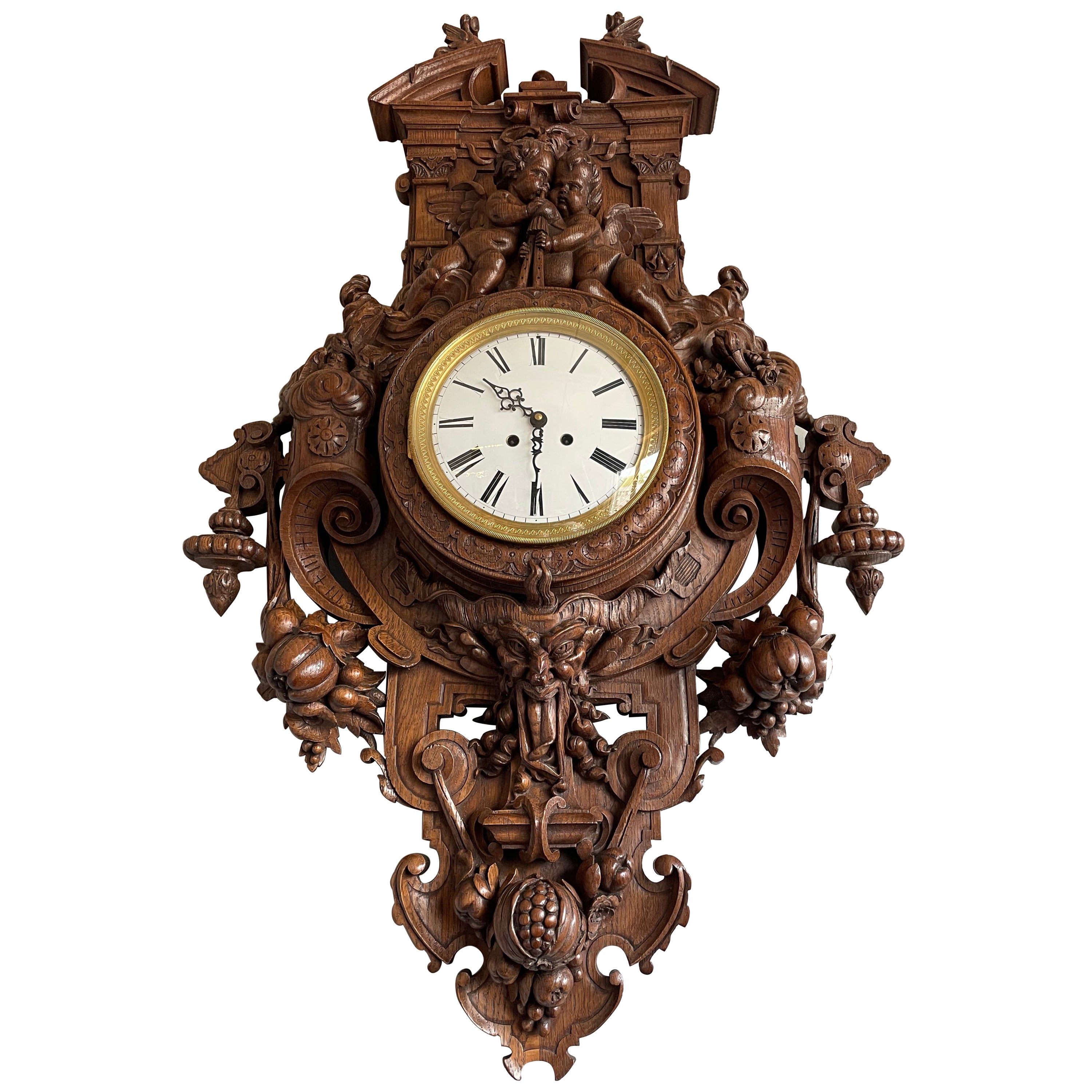 Antique & Huge Hand Carved Wall Clock by Parisian Top Makers Guéret Frères 1860s For Sale