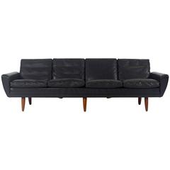 Georg Thams Black Leather Four-Seat Sofa, Denmark, 1950s-1960s