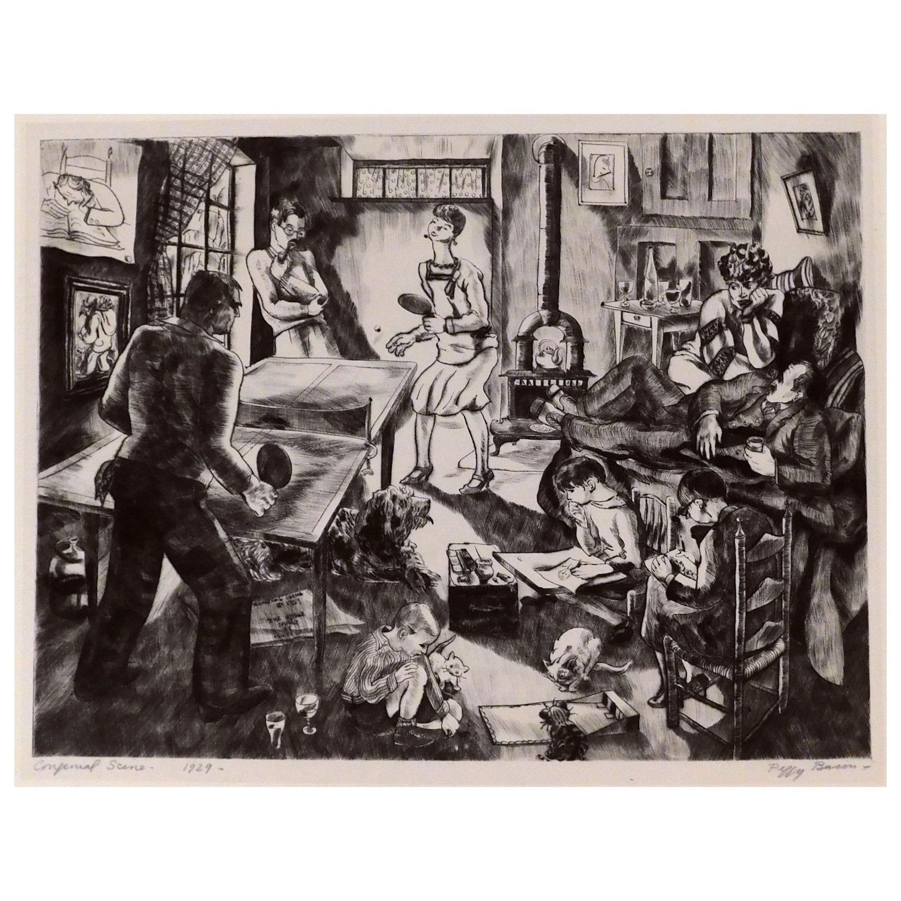Peggy Bacon Pencil Signed Etching, 1929 - Congenial Scene For Sale