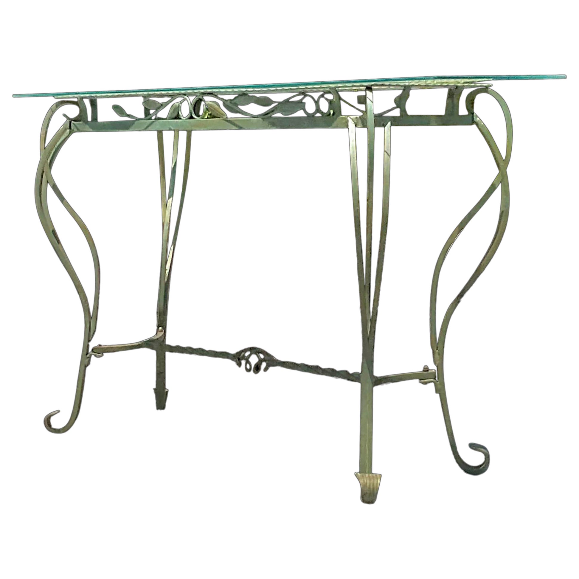 Vintage Regency Wrought Iron Leaf Console Table For Sale