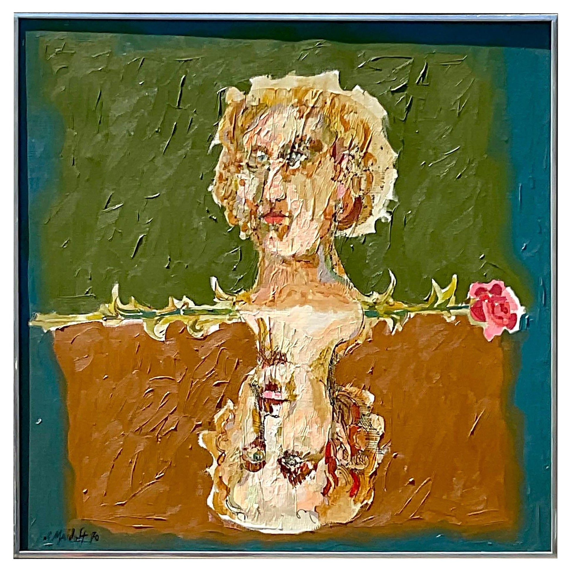 Pittura astratta figurativa olio su tela della fine del 20° secolo, Vintage Boho