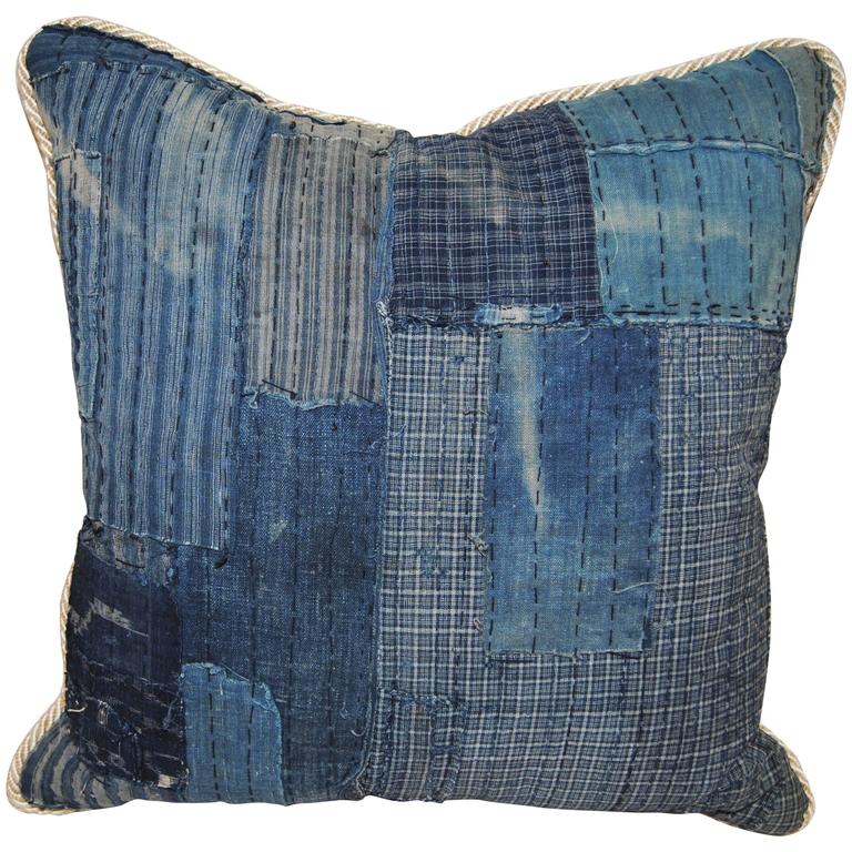 Antique Japanese Indigo Cotton Boro Pillow with Sashiko Stitching at