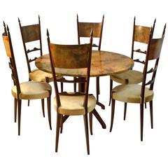 Aldo Tura Table & Six  Parchment and Ebonized Wood Dining Chairs