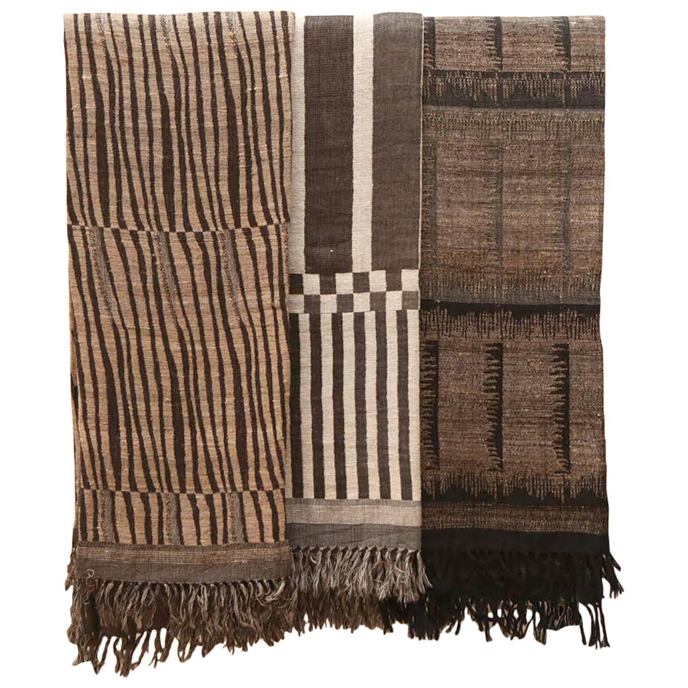 Indian Hand Woven Throws.  Browns, Blacks, Grays and White.  Wool and Raw Silk.  For Sale