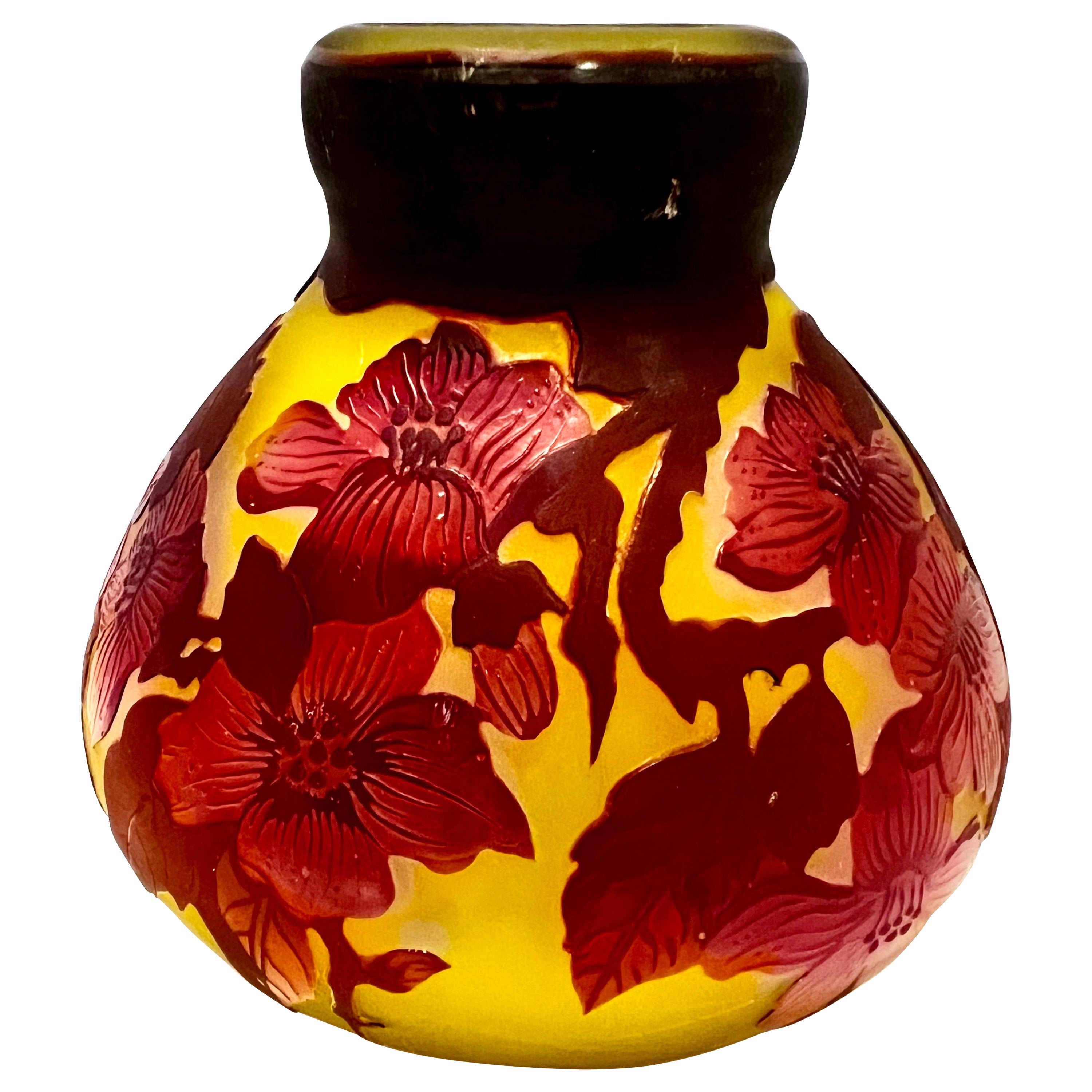 Emile Galle Cameo Glass Windowpane Floral Art Noveau Vase Vessel For Sale