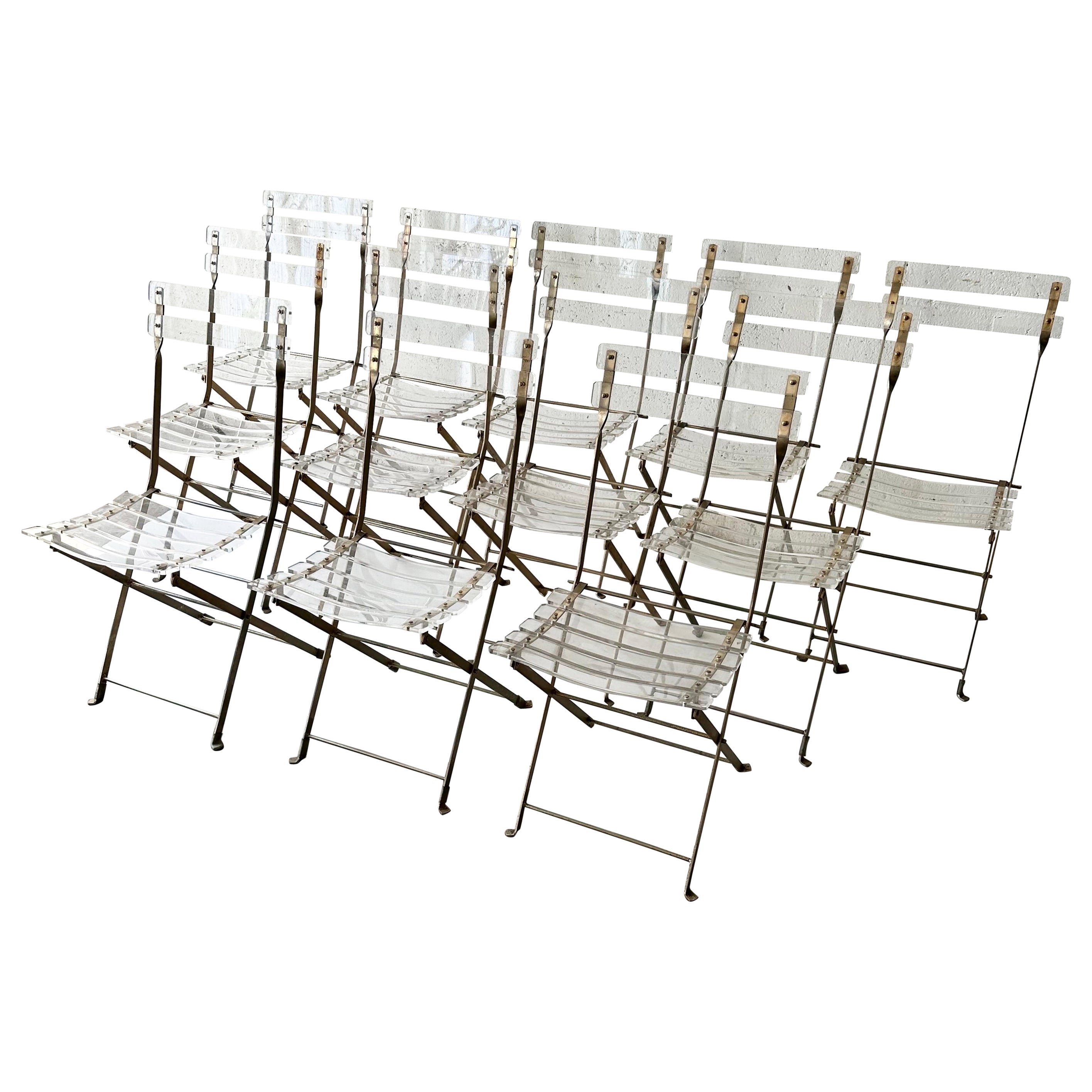 Set of 16 Yonel  Lebovici Lucite and Brass plated Folding Chairs  For Sale