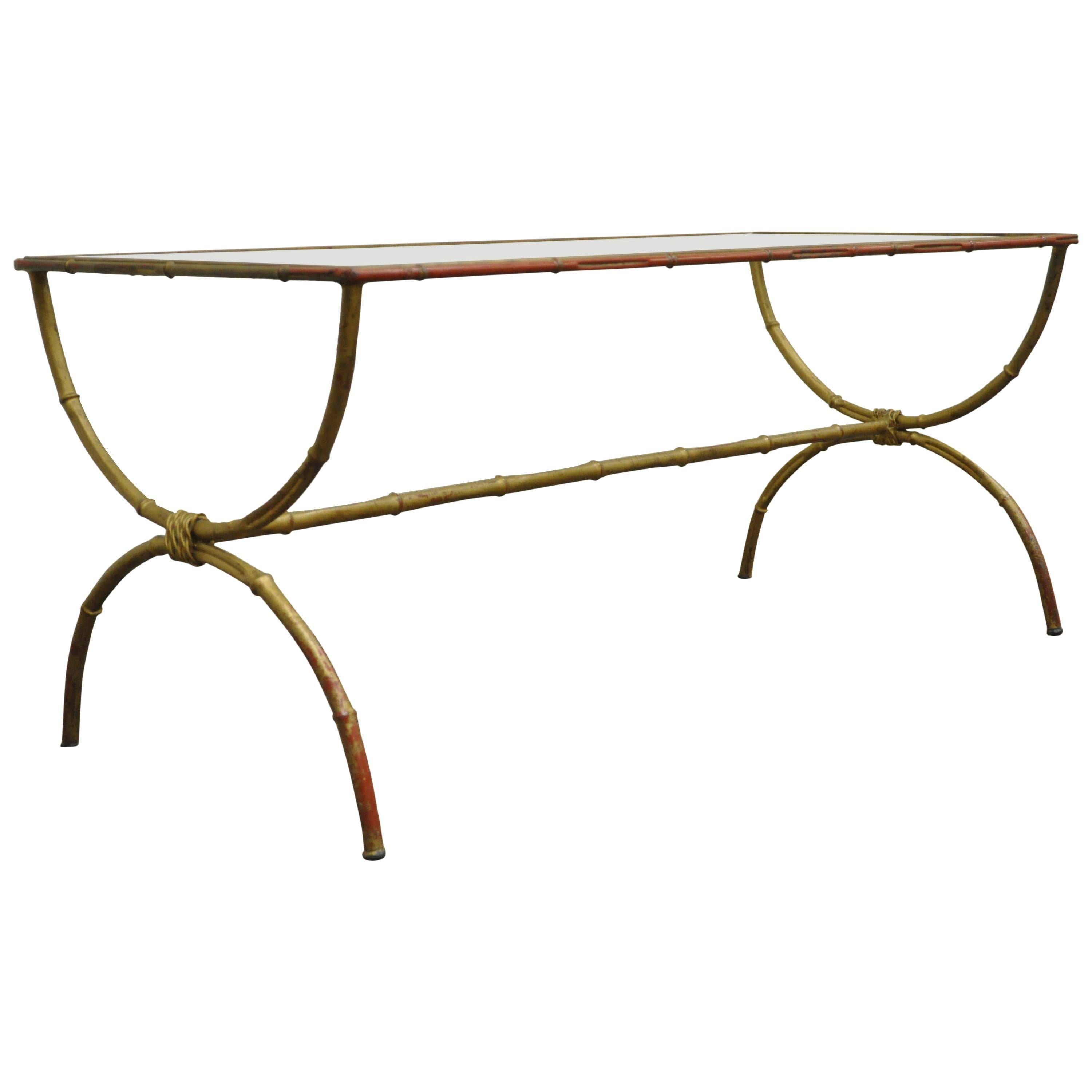 Vintage 1940s Italian Gold Gilt Iron Hollywood Regency Faux Bamboo Coffee Table For Sale