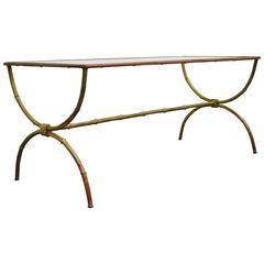 Vintage 1940s Italian Gold Gilt Iron Hollywood Regency Faux Bamboo Coffee Table