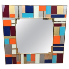 Miroir mural carré multicolore de Murano avec inserts en laiton disponible