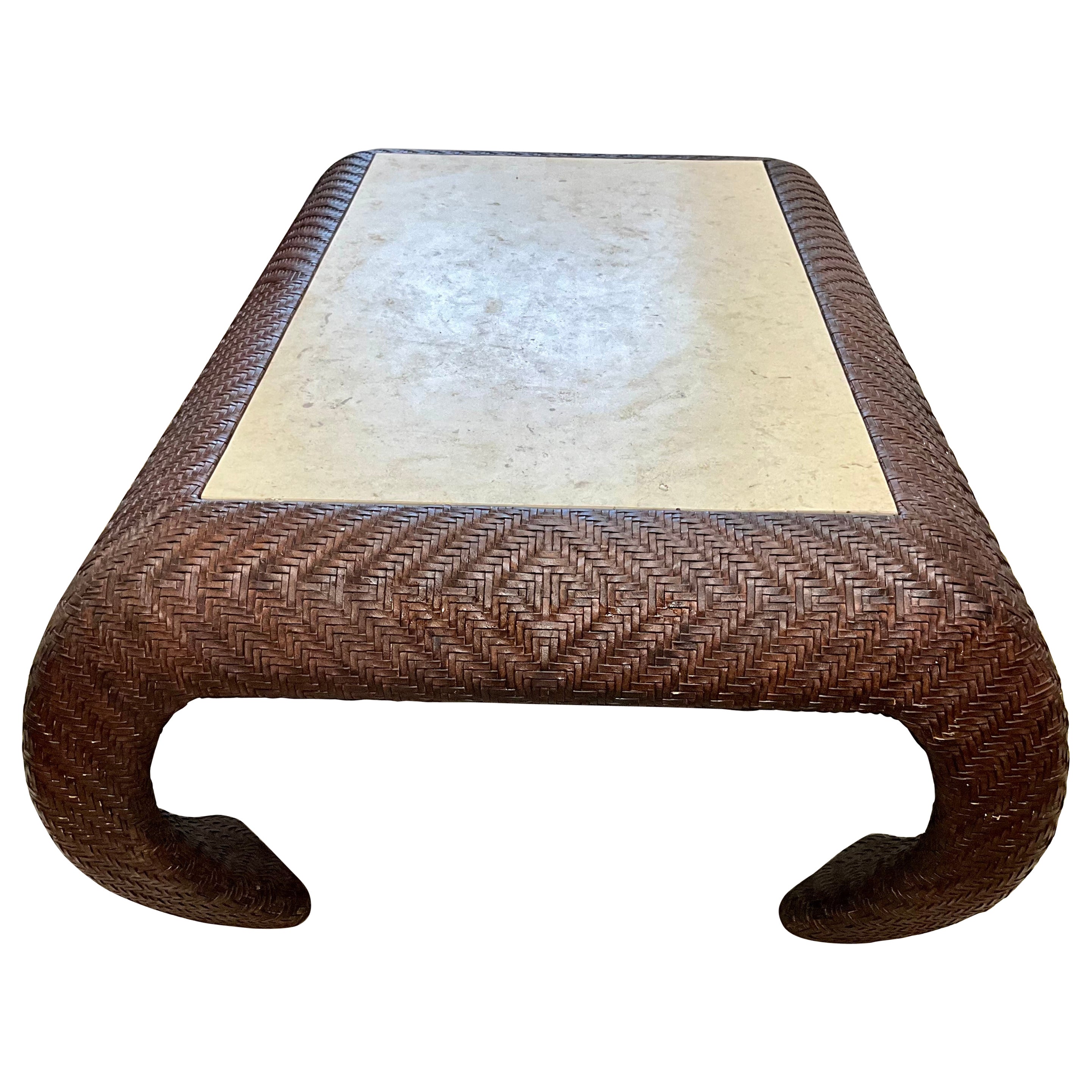 Table basse de style Ming en cuir tressé Brown avec plateau en pierre de coquillage en vente