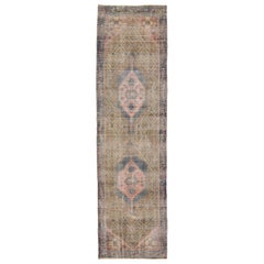 4 x 15 Vintage Distressed Persian Wool Runner In Brown With Tribal Motif
