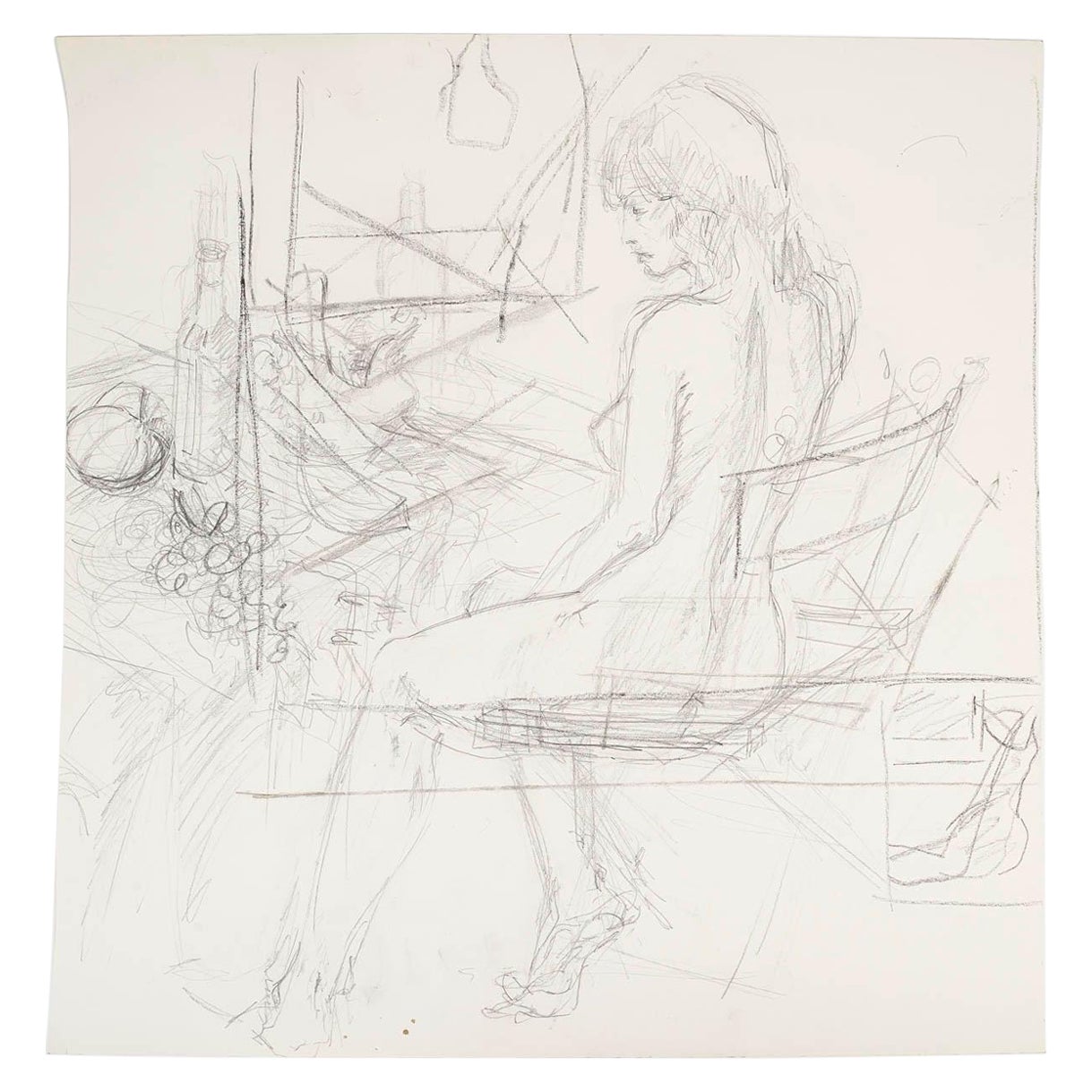 Zeichnung auf Papier, Vorbereitende Zeichnung, junge Frau, 20. Jahrhundert.
