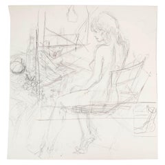 Vintage Drawing on Paper, Preparatory Drawing, Young Woman, 20th Century.