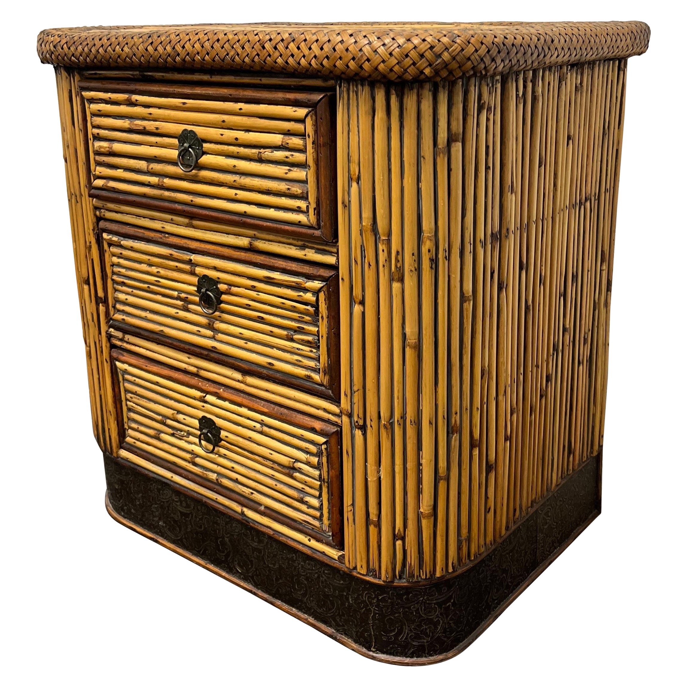 Vintage BoHo Chic Pencil Reed End Table with Drawers