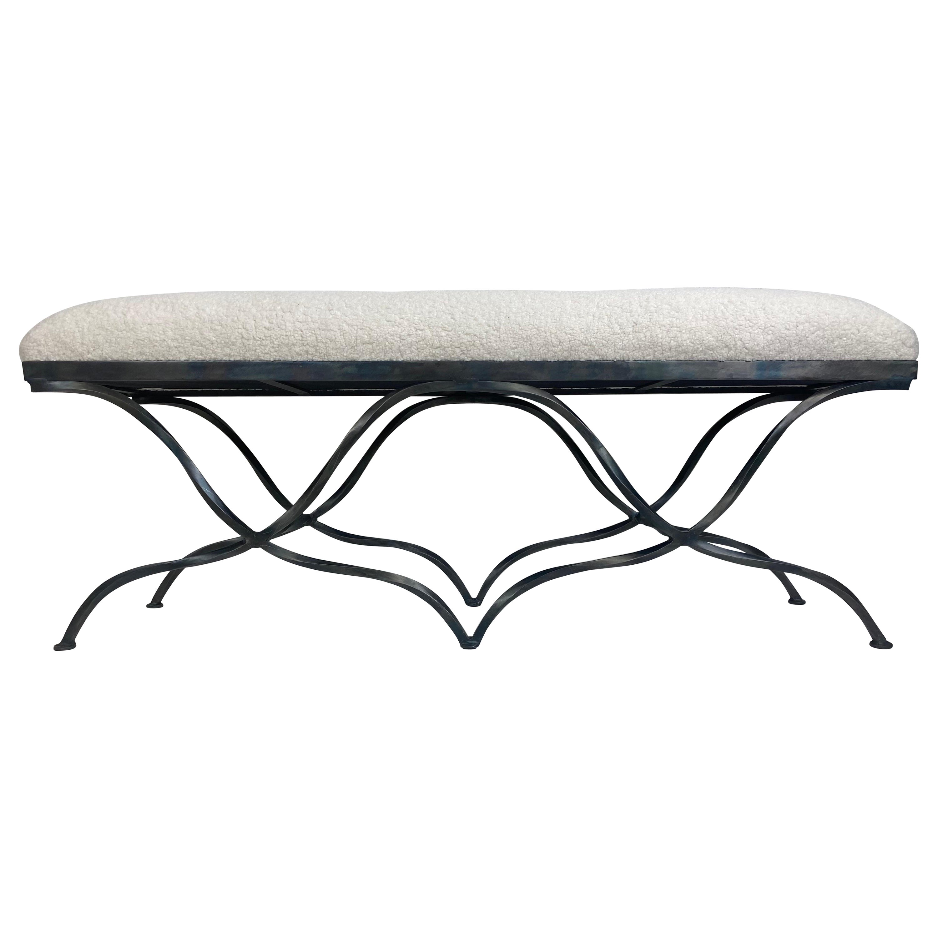 Late 20th century hand wrought iron newly upholstered bench For Sale