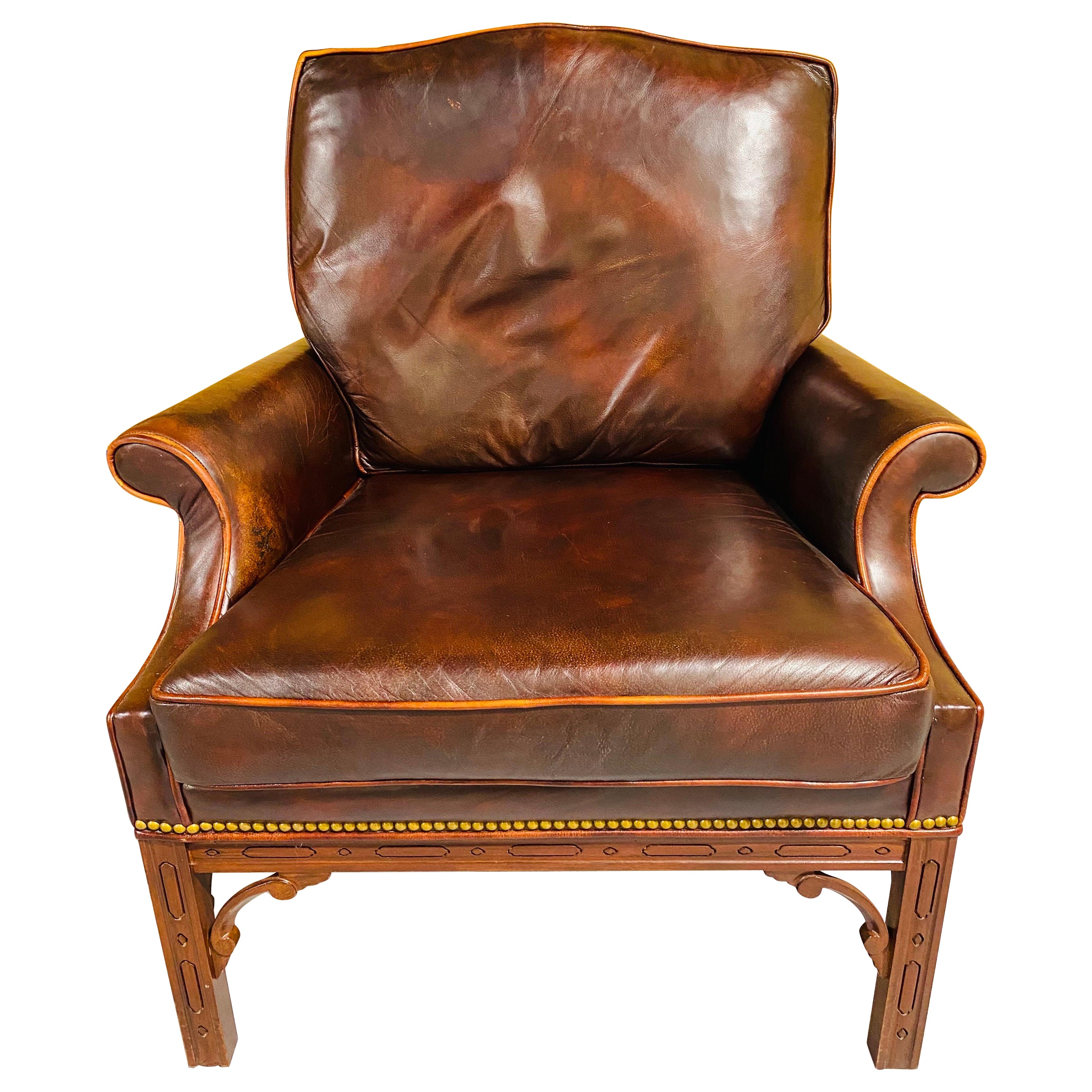 Vintage weathered dark brown leather classical style club chair For Sale