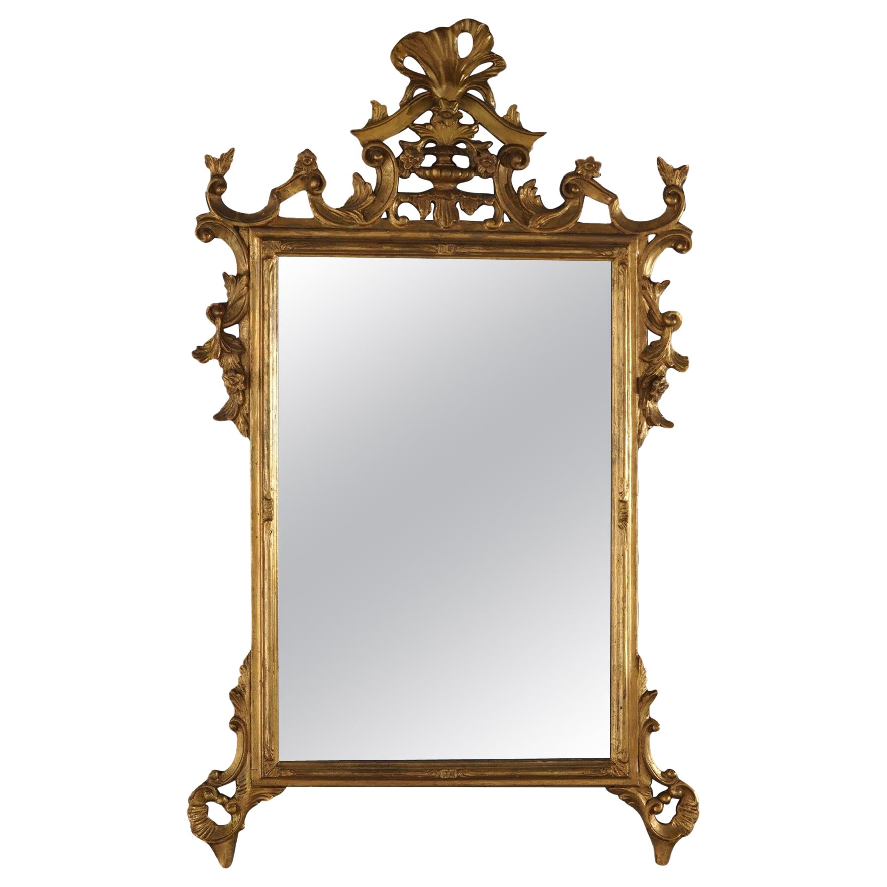 Antique French Louis XIV Style Foliate-Form Giltwood Wall Mirror C1920 For Sale
