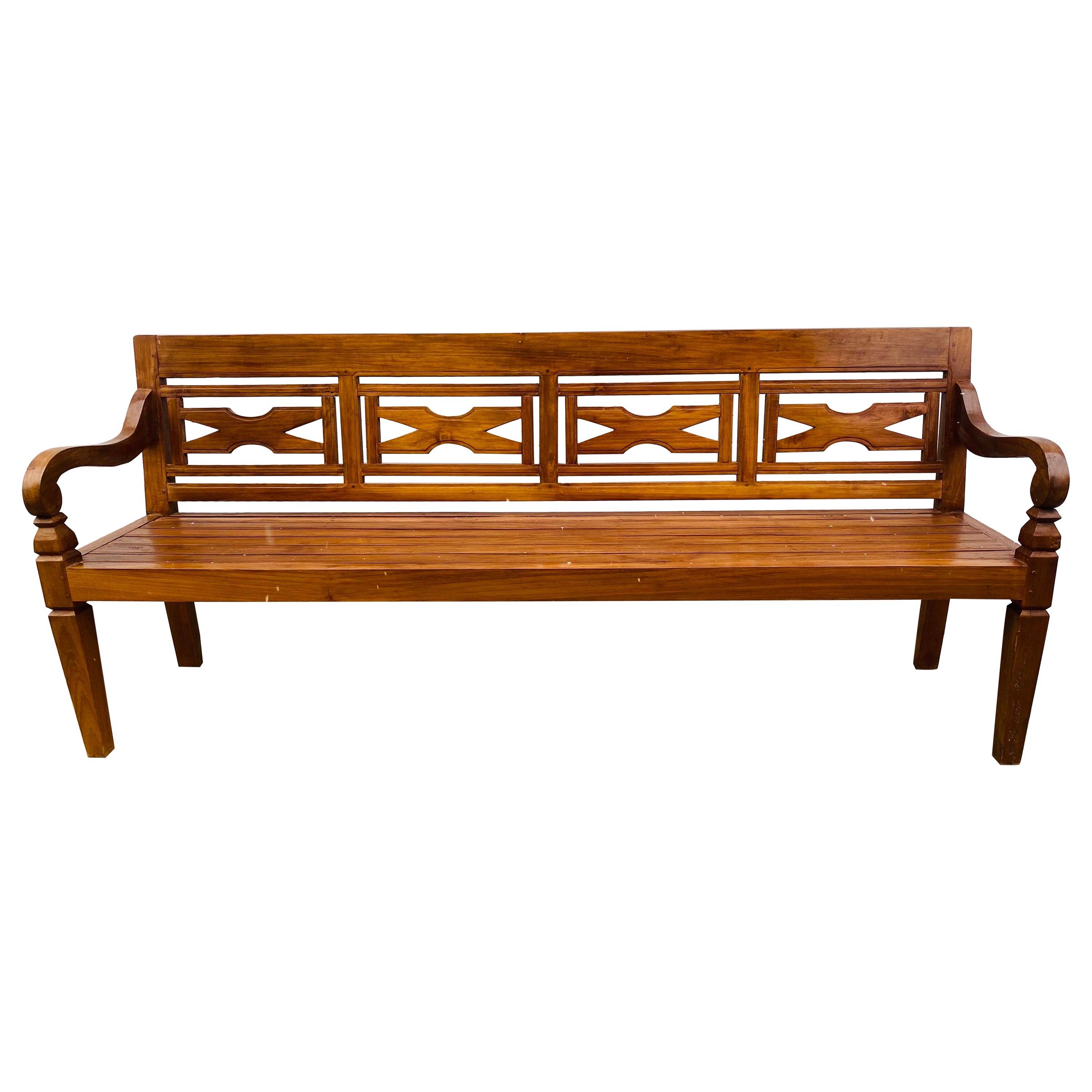 Late 20th century hand carved teak decorator bench. For Sale