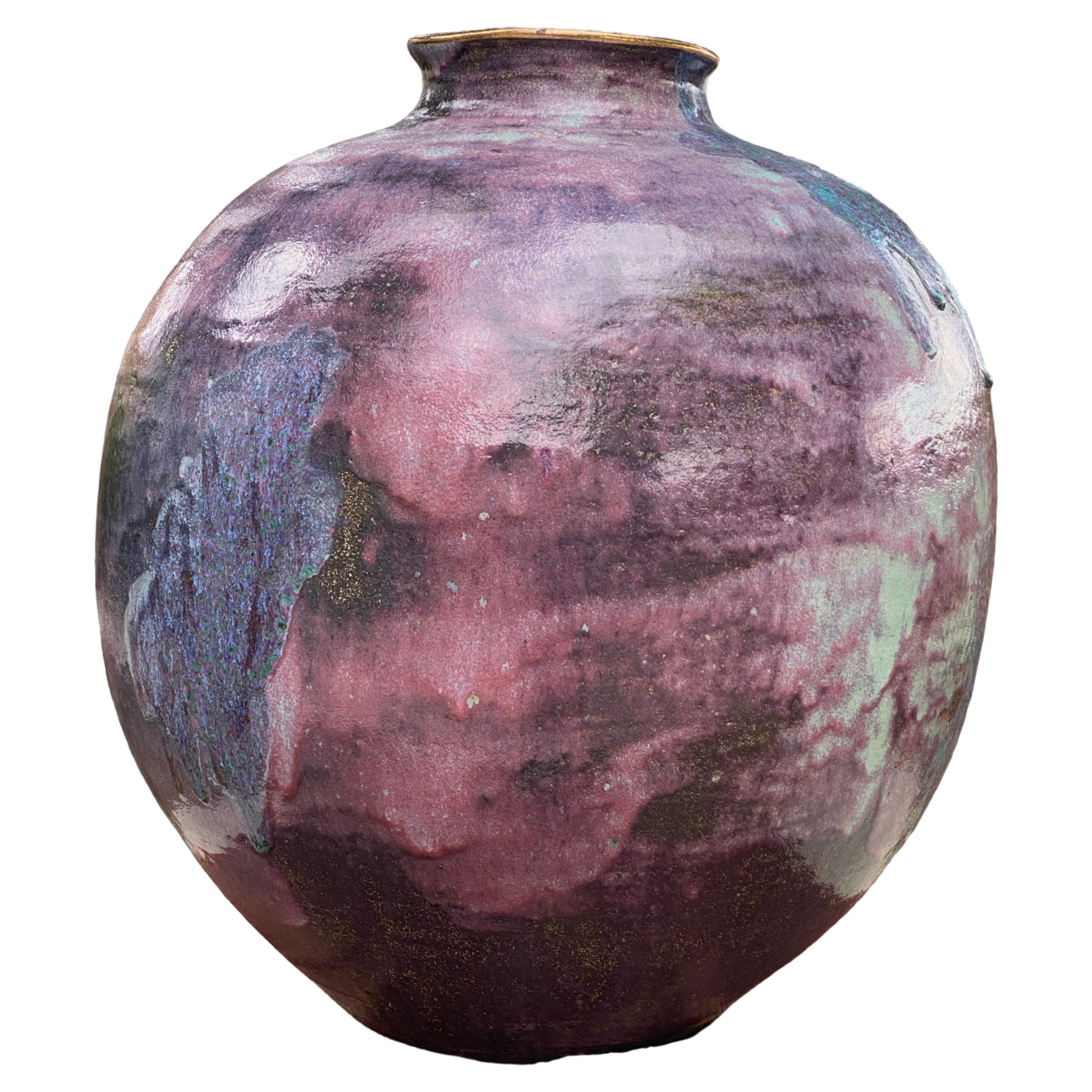 Ceramic Custom Made Large Urn 1980s Purple, Lavender & Teal Glaze Gold Trim For Sale