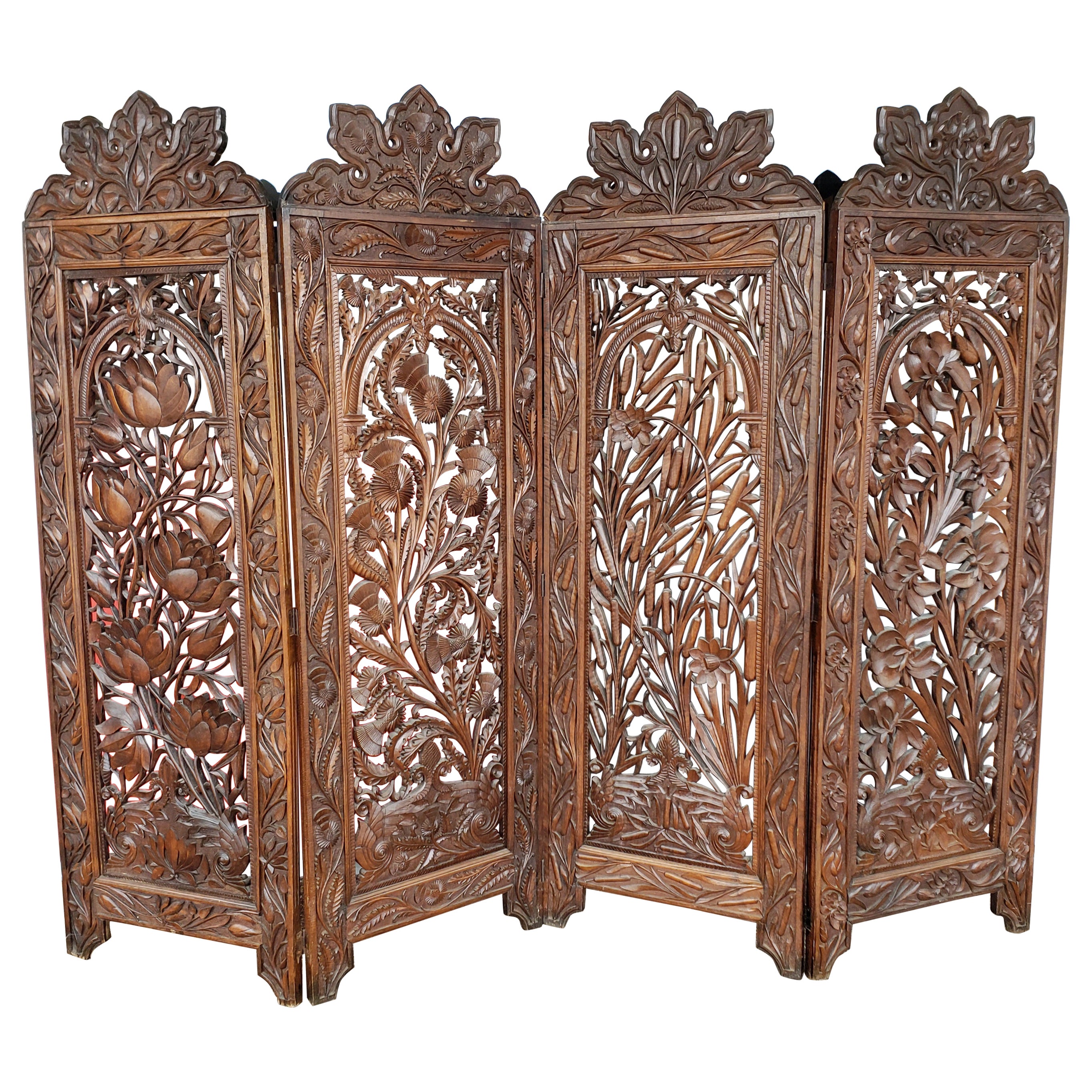 Anglo Indian Raj Carved Floral Hardwood Screen European Market Four Panel  For Sale
