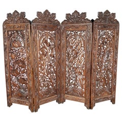 Antique Anglo Indian Raj Carved Floral Hardwood Screen European Market Four Panel 