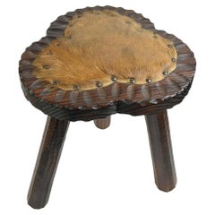 Mid-Century Modern Brutalistischer Holz-Dreibein-Stuhl mit Fußstütze, Spanien Vintage