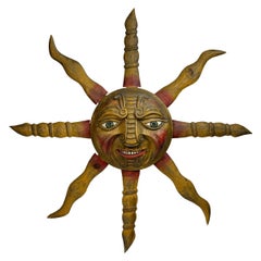 Superbe sculpture murale en bois Wood Carved Sun Face Sunburst Decoration 1930s