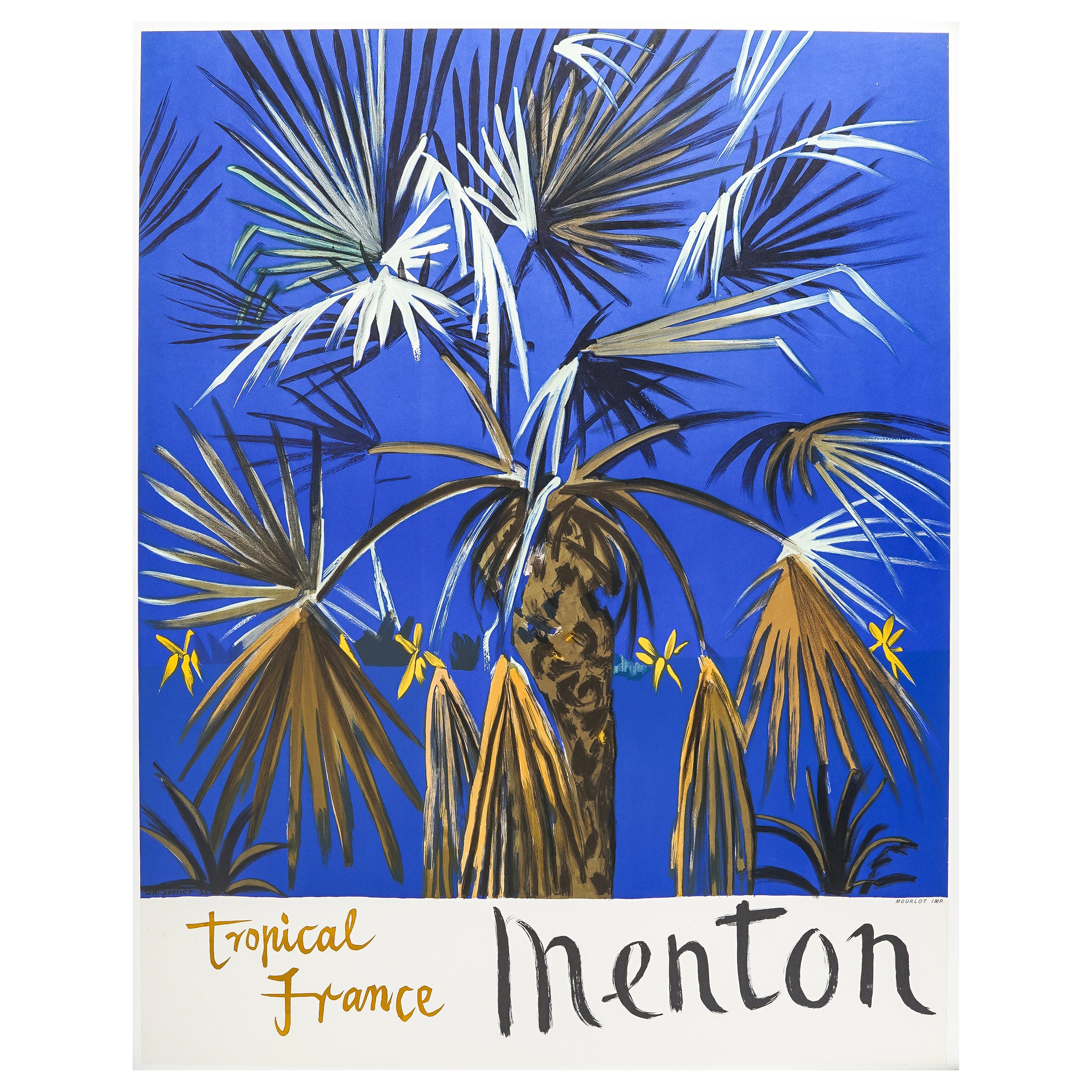 Sutherland, Original Travel Poster, Menton French Riviera, Beach, Palm Tree 1964 For Sale