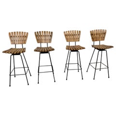 Set of 4 Mid-Century Arthur Umanoff Slat Style Bar Stools